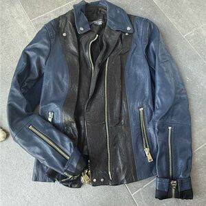 Vince Black and Blue Leather Jacket with Asymmetrical Zipper